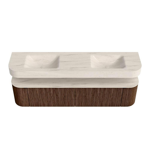 MONDIAZ THOR-DLUX 190cm meuble de salle de bains arrondi gauche + droite couleur Walnut avec 2 tiroirs et 2 portes. Vasque suspendue CLOUD Double sans trou de robinet couleur Meli. SW1466728