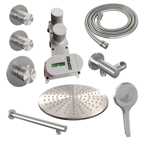 Brauer Brushed Edition Ensemble de douche encastrable - pomme de douche 30cm - 3 boutons - bras mural droit - partie encastrable - douchette ronde 3 jets - PVD - inox brossé SW374421