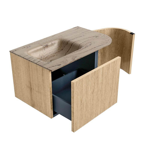 MONDIAZ KURVE-DLUX 75cm badmeubel ronding Rechts kleur Oak met 1 lade en 1 deur. Wastafel GRUNNE Links 1 kraangat Arena. SW1431077