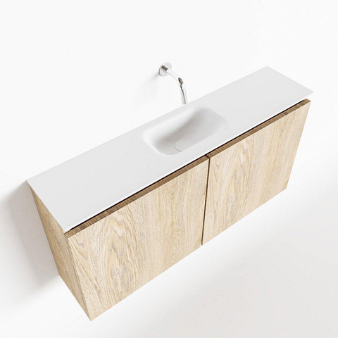 MONDIAZ TURE Kit lave-mains - 100x23x50cm - 0 trous de robinet - 2 portes - chêne blanchi mat - Lavabo centré - Solid Surface Blanc SW475138