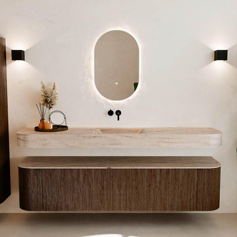 MONDIAZ THOR-DLUX Meuble de salle de bains - 190cm - arrondi gauche + droite - couleur Walnut - 2 tiroirs et 2 portes - Vasque suspendue CLOUD Milieu sans trou de robinet couleur Saba SW1466660