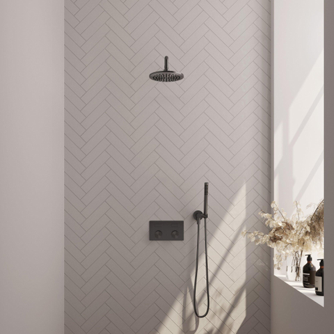 BRAUER gunmetal Carving Douche de pluie thermostatique encastrée - boutons-poussoirs - SET 51 - tête de douche 20cm - bras mural courbé - douchette barre - flexible de douche - coude d'alimentation mural - gunmetal brossé PVD SW925683