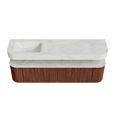 MONDIAZ THOR-DLUX 180cm meuble de salle de bains arrondi gauche + droite couleur Ruby avec 2 tiroirs et 2 portes. Vasque suspendue CLOUD Gauche sans trou de robinet couleur Opalo. SW1466053