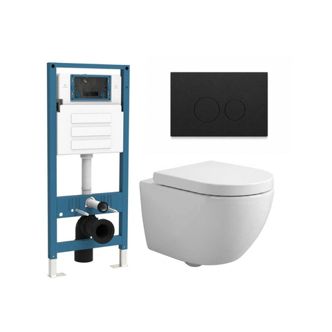 QeramiQ Dely Swirl Compact Toiletset - inbouwreservoir QeramiQ flush - 25mm zitting - kunststof bedieningsplaat mat zwart - ronde knoppen - glans wit SW1590535