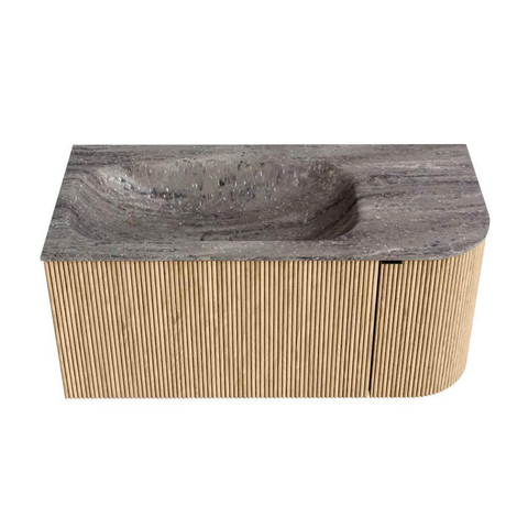 MONDIAZ KURVE-DLUX Meuble de salle de bains 95cm arrondi à droite couleur Chêne avec 1 tiroir et 1 porte. Plan-vasque BIG SMALL à gauche sans trou de robinet Oza. SW1432614