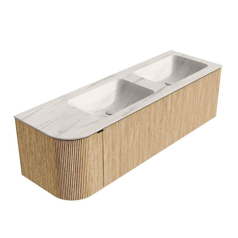 MONDIAZ KURVE-DLUX Meuble de salle de bains 145cm courbure gauche couleur Chêne avec 1 tiroir et 1 porte. Lavabo LEAF Double / Droite sans trou de robinet Meli. SW1431655
