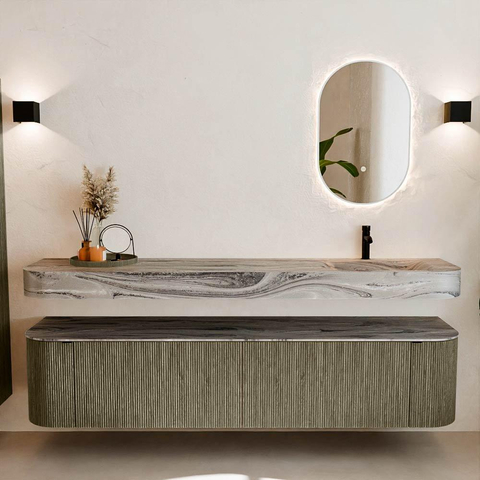 MONDIAZ THOR-DLUX Meuble de salle de bains - 200cm - arrondi gauche + droite - couleur Shadow - 2 tiroirs et 2 portes - Vasque suspendue CLOUD Droite 1 trou de robinet couleur Sombra SW1467294