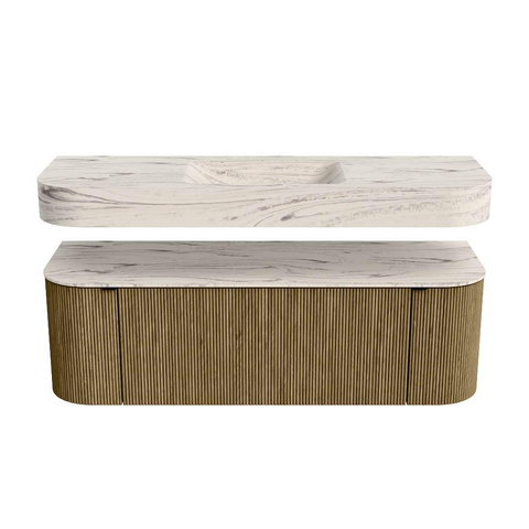 MONDIAZ THOR-DLUX Meuble de salle de bains 140cm arrondi gauche + droite couleur Dusk avec 1 tiroir et 2 portes. Vasque suspendue CLOUD Milieu 1 trou de robinet couleur Nata. SW1464291