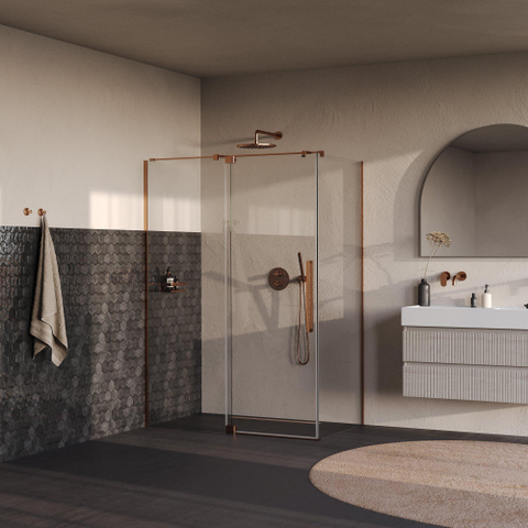 BRAUER Stellar Cabine de douche - 140x90x200cm - porte battante - revêtement verre - réversible - verre clair - cuivre brossé PVD SW1418036