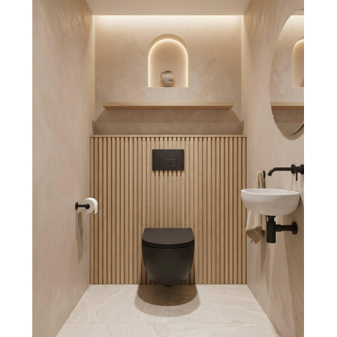 QeramiQ Dely Swirl Toiletset - 36.3x51.7cm - Geberit UP320 plieger inbouwreservoir - 35mm zitting - mat zwarte metalen bedieningsplaat - rechthoekige knoppen - mat zwart SW1413306