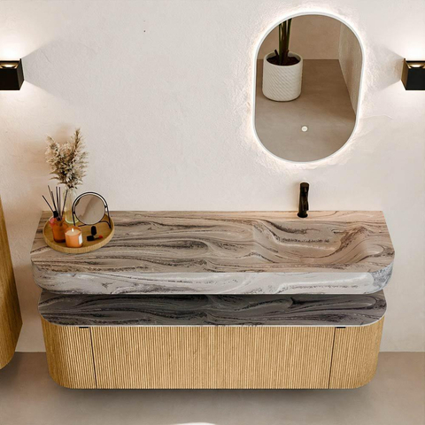 MONDIAZ THOR-DLUX 160cm meuble de salle de bains arrondi gauche + droite couleur Oak avec 1 tiroir et 2 portes. Vasque suspendue CLOUD Droite 1 trou de robinet couleur Sombra. SW1465363
