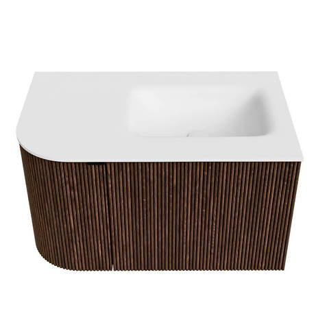 MONDIAZ KURVE Meuble de salle de bains 75 cm avec module 25 L couleur Walnut avec 1 tiroir et 1 porte. Lavabo GRUNNE à droite sans trou de robinet Talc. SW1138238