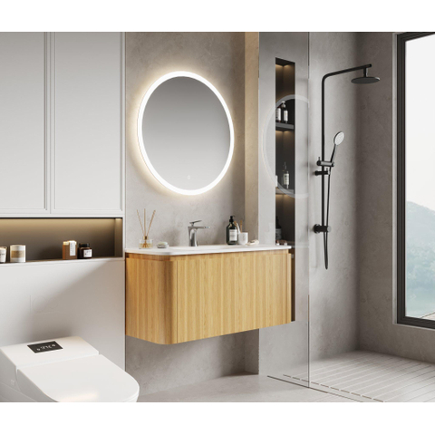 Royal Plaza Terra Ensemble meuble de salle de bains - 100x46.2x46cm - vasque en solid surface blanc mat - 1 vasque - 1 trou de robinet - 2 tiroirs - sandwood (chêne clair) SW1447025