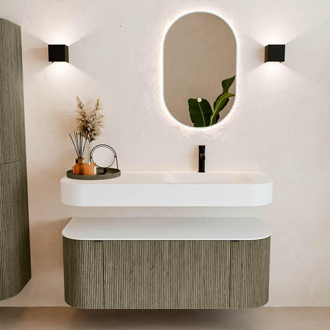 MONDIAZ THOR 120cm meuble de salle de bains arrondi gauche + droite couleur Shadow avec 1 tiroir et 2 portes. Vasque suspendue CLOUD Droite 1 trou de robinet couleur Talc. SW1463165