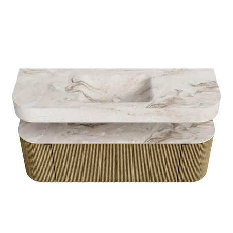 MONDIAZ THOR-DLUX Meuble de salle de bains - 140cm - arrondi gauche + droite - couleur Dusk - 1 tiroir - 2 portes - Vasque suspendue CLOUD Milieu sans trou de robinet - couleur Frappe SW1464247