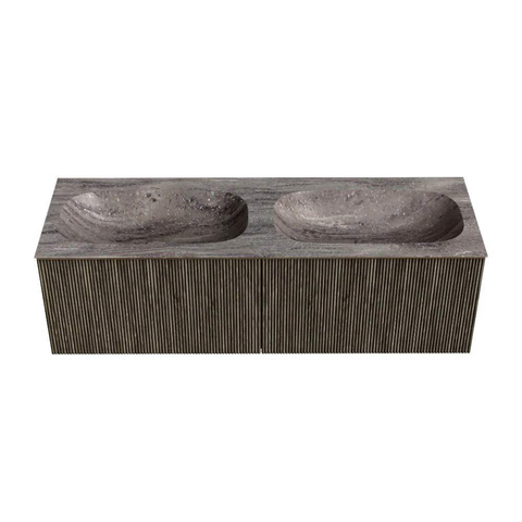 MONDIAZ KURVE-DLUX Meuble de salle de bains 140cm couleur Shadow avec 2 tiroirs et 0 porte. Lavabo STOR SMALL Double 2 trous de robinet Oza. SW1432938