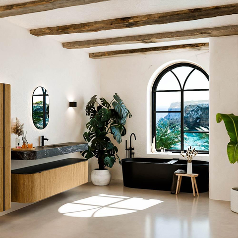MONDIAZ THOR-DLUX 180cm meuble de salle de bains arrondi gauche + droite couleur Oak avec 2 tiroirs et 2 portes. Vasque suspendue CLOUD Milieu 1 trou de robinet couleur Lava. SW1465891