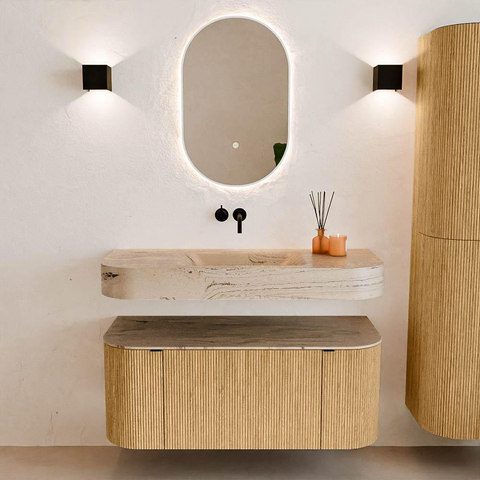 MONDIAZ THOR-DLUX Meuble de salle de bains - 110cm - arrondi gauche + droite - couleur Oak - 1 tiroir - 2 portes - Vasque suspendue CLOUD Milieu sans trou de robinet couleur Arena SW1462870