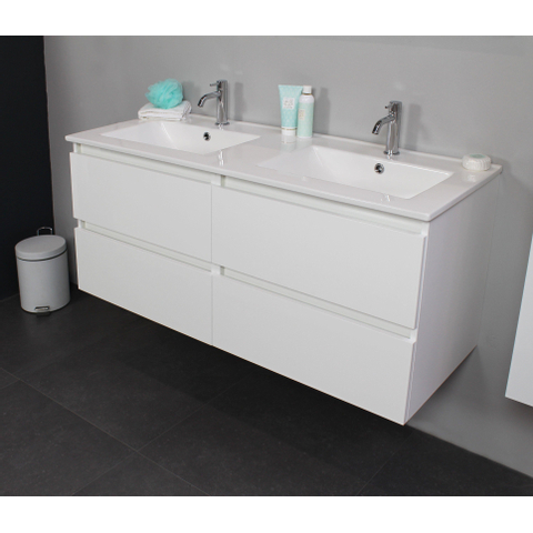 Basic Bella Meuble avec lavabo en porcelaine 2 trous de robinet 120x55x46cm avec armoire toilette à 2 portes gris Blanc brillant SW398065