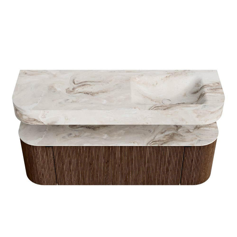 MONDIAZ THOR-DLUX 140cm meuble de salle de bains arrondi gauche + droite couleur Walnut avec 1 tiroir et 2 portes. Vasque suspendue CLOUD Droite 1 trou de robinet couleur Frappe. SW1463953