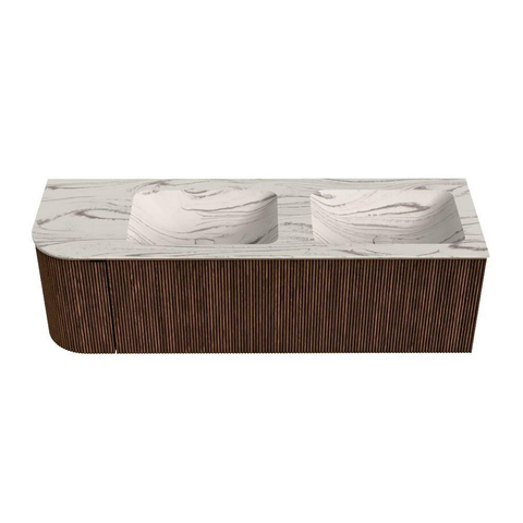 MONDIAZ KURVE-DLUX Meuble de salle de bains 145cm arrondi à gauche couleur Walnut avec 1 tiroir et 1 porte. Lavabo LEAF Double / À droite sans trou de robinet Nata. SW1432212