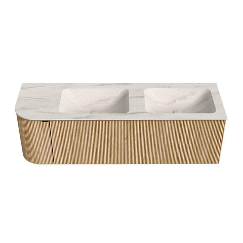 MONDIAZ KURVE-DLUX 145cm badmeubel ronding Links kleur Oak met 1 lade en 1 deur. Wastafel LEAF Dubbel / Rechts 2 kraangaten Meli. SW1431659