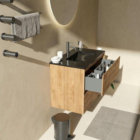 Saniclass Holz Pure Badkamermeubelset - 80x45x62cm - Vygo keramische wastafel zwart - 1 wasbak - 1 kraangat - 2 lades - mat eiken natural (hout) SW1478957