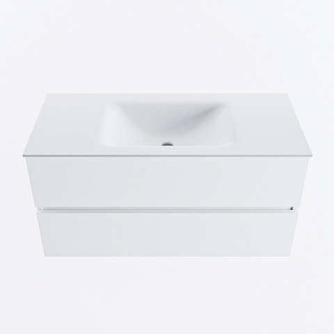 MONDIAZ VICA meuble sous lavabo 100cm Talc 2 tiroirs. Lavabo CLOUD milieu sans trou de robinet, couleur Talc. SW1381943