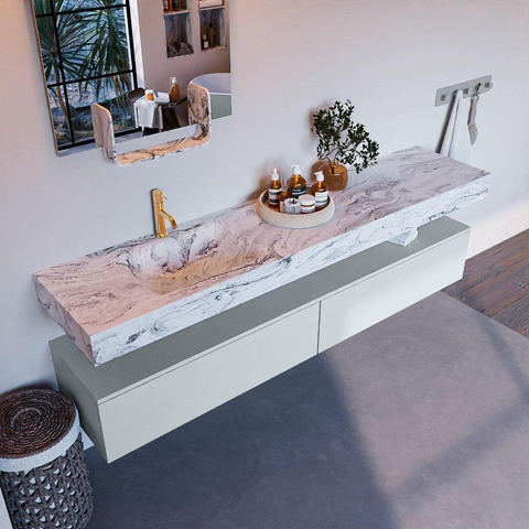Mondiaz ALAN-DLUX Ensemble de meuble - 200cm - meuble Clay mat - 2 tiroirs - Lavabo Cloud Glace suspendu - vasque Gauche - 1 trou de robinet SW806070