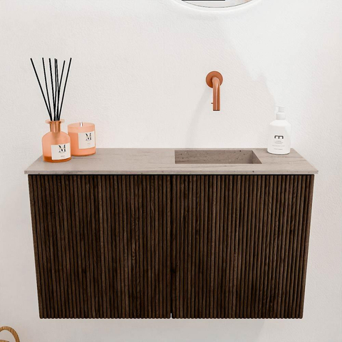Mondiaz JOYA-DLUX 70cm toiletmeubel - kleur Walnut - Wastafel FAYE positie Rechts Zonder kraangat kleur Saba. SW1424632