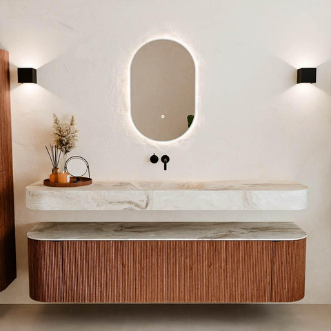MONDIAZ THOR-DLUX 180cm meuble de salle de bains arrondi gauche + droite couleur Ruby avec 2 tiroirs et 2 portes. Vasque suspendue CLOUD Centre sans trou de robinet couleur Frappe. SW1466026
