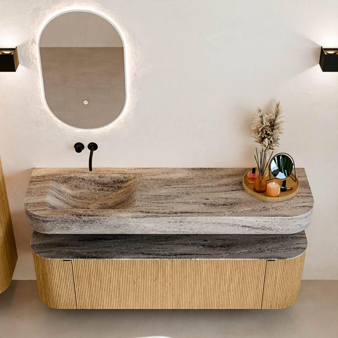 MONDIAZ THOR-DLUX 160cm meuble de salle de bains arrondi gauche + droite couleur Oak avec 1 tiroir et 2 portes. Vasque suspendue CLOUD Gauche sans trou de robinet couleur Oza. SW1465304
