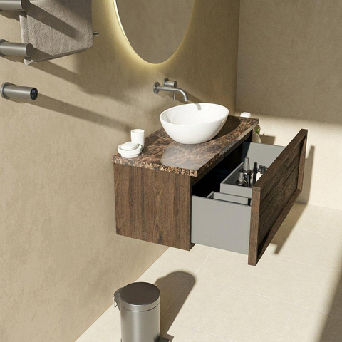 Saniclass Holz Frame Ensemble de meubles de salle de bains - 100x45x43cm - Plan en pierre naturelle Noche dark emperador - sans trou de robinet - 1 tiroir - chêne charcoal mat (bois) SW1478281