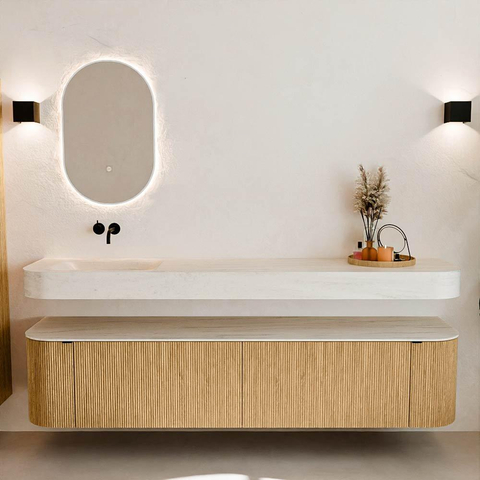 MONDIAZ THOR-DLUX 200cm meuble de salle de bains arrondi gauche + droite couleur Oak avec 2 tiroirs et 2 portes. Vasque suspendue CLOUD Gauche sans trou de robinet couleur Meli. SW1467103