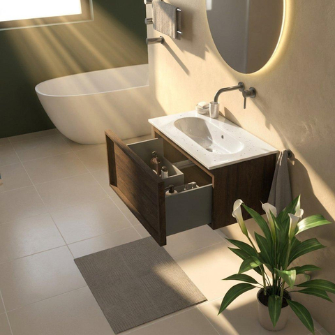 Saniclass Holz Frame Ensemble de meubles de salle de bains - 80x45x53.9cm - lavabo Chaci en céramique blanc - 1 vasque - sans trou de robinetterie - 1 tiroir - chêne charcoal mat (bois) SW1478792