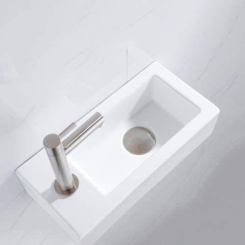 QeramiQ Fuente fonteinset – 37.5x18.5x9 cm – keramiek wit mat – kraangat links – kraan geborsteld RVS SW1232745