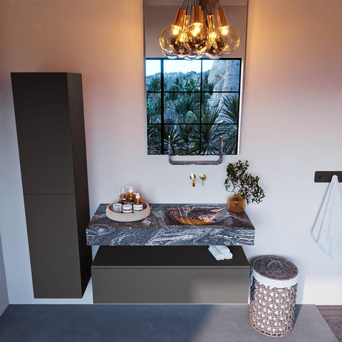 Mondiaz ALAN-DLUX Ensemble de meuble - 110cm - meuble Dark grey mat - 1 tiroir - Lavabo Cloud Lava suspendu - vasque Droite - 0 trous de robinet SW808119