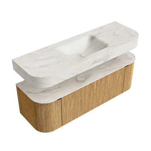 MONDIAZ THOR-DLUX 140cm badmeubel ronding links + rechts kleur Oak met 1 lade en 2 deuren. Vrijhangende wastafel CLOUD Midden 1 kraangat kleur Ostra. SW1463972