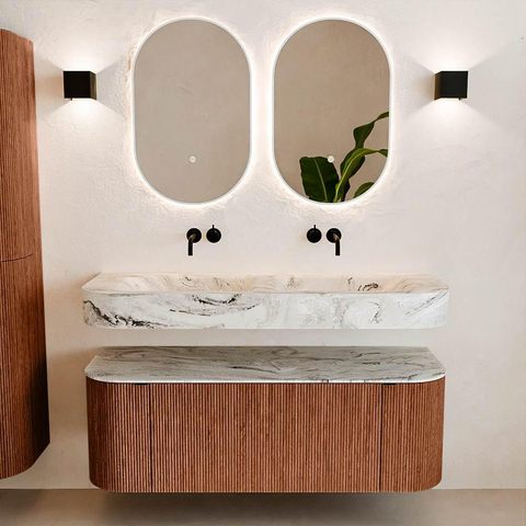 MONDIAZ THOR-DLUX 130cm meuble de salle de bains arrondi gauche + droite couleur Ruby avec 1 tiroir et 2 portes. Vasque suspendue CLOUD Double sans trou de robinet couleur Glace. SW1463757