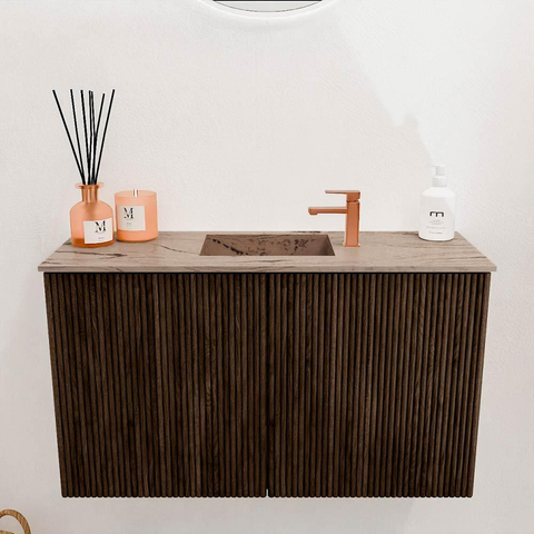 Mondiaz JOYA-DLUX 70cm toiletmeubel - kleur Walnut - Wastafel FAYE positie Midden 1 kraangat kleur Arena. SW1424327