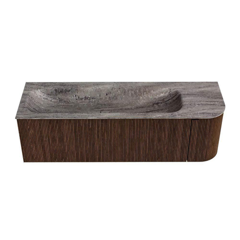 MONDIAZ KURVE-DLUX meuble de salle de bains 145cm courbure Droite couleur Noyer avec 1 tiroir et 1 porte. Vasque BIG LARGE Gauche 2 trous de robinetterie Oza. SW1432468
