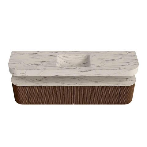 MONDIAZ THOR-DLUX 190cm meuble de salle de bains arrondi gauche + droite couleur Walnut avec 2 tiroirs et 2 portes. Vasque suspendue CLOUD Centre sans trou de robinet couleur Nata. SW1466754