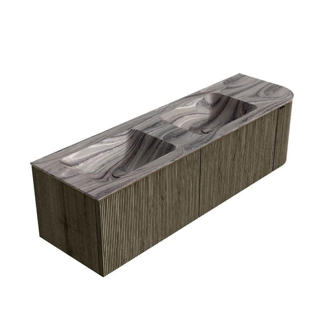 MONDIAZ KURVE-DLUX Meuble de salle de bains 155cm arrondi à droite couleur Shadow avec 2 tiroirs et 1 porte. Lavabo LEAF Double / Gauche sans trou de robinet Sombra. SW1433794