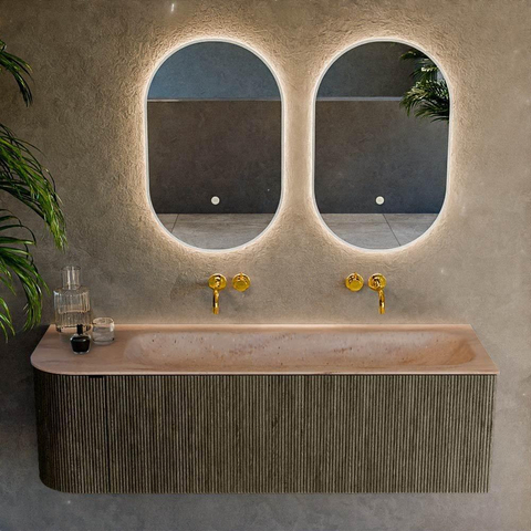 MONDIAZ KURVE-DLUX Meuble de salle de bains 145cm arrondi à gauche couleur Shadow avec 1 tiroir et 1 porte. Lavabo BIG LARGE à droite sans trou de robinet Saba. SW1433264