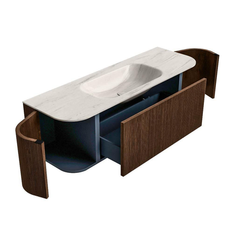 MONDIAZ KURVE-DLUX Meuble de salle de bains 140cm arrondi Gauche + Droite couleur Walnut avec 1 tiroir et 2 portes. Vasque BIG SMALL Milieu sans trou de robinet Meli. SW1431675