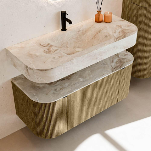 MONDIAZ THOR-DLUX 110cm meuble de salle de bains arrondi gauche + droite couleur Dusk avec 1 tiroir et 2 portes. Vasque suspendue CLOUD Milieu 1 trou de robinet couleur Frappe. SW1462812