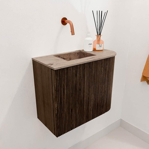 Mondiaz JOYA-DLUX 51.6cm toiletmeubel - ronding rechts kleur Walnut - Wastafel FAYE positie Links Zonder kraangat kleur Arena. SW1424351