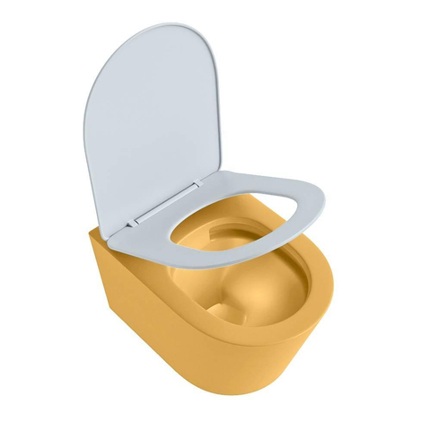 Mondiaz LAVIE hangtoilet – spoelrandloos – 36 x 53 cm – met softclose zitting – Ocher (geel), zitting Clay (lichtblauw/grijs) SW1208590