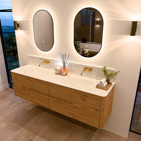 Mondiaz CIRO-DLUX Badkamermeubelset - 180x45x50cm - Solid surface wastafel Opalo - 2 wasbak Dubbel - zonder kraangaten - 4 lades - Oak SW1531047