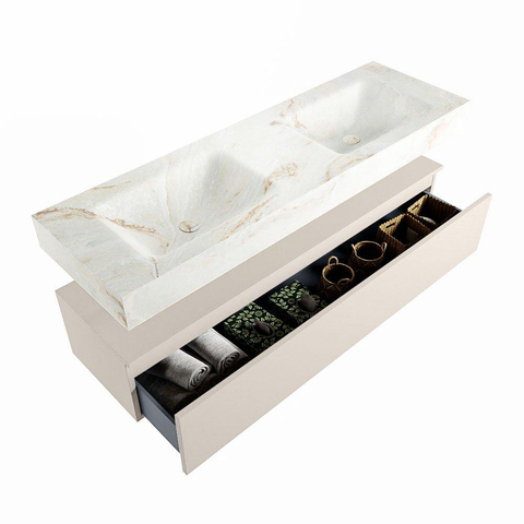 Mondiaz ALAN-DLUX Ensemble de meuble - 150cm - meuble Linen mat - 1 tiroir - Lavabo Cloud Frappe suspendu - vasque Gauche et droite - 0 trous de robinet SW805619